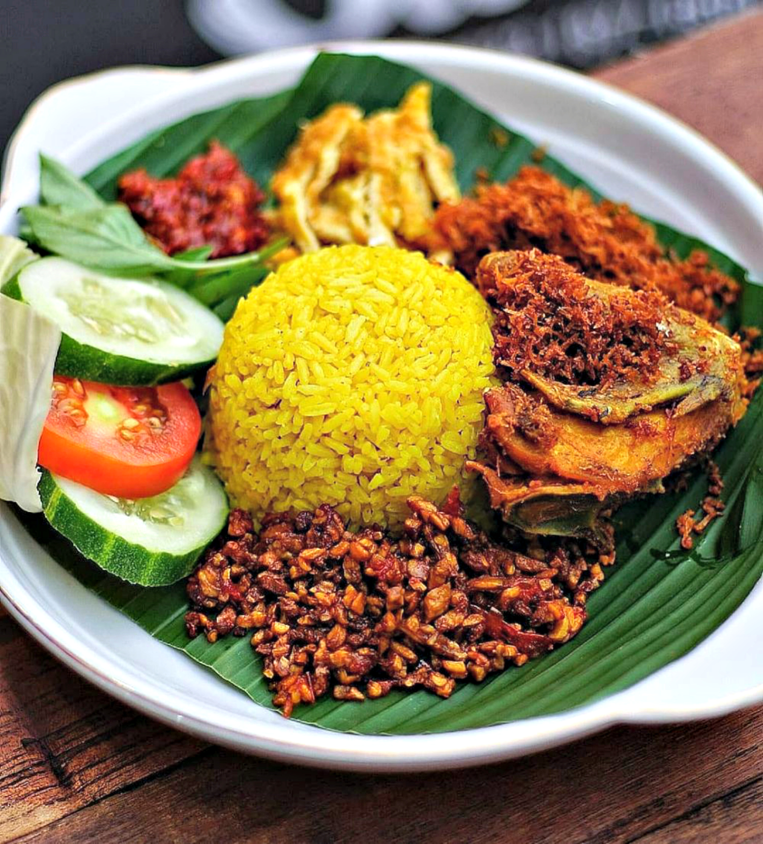 Nasi Kuning Ayam Goreng (Indonesian Yellow Rice with Fried Chicken